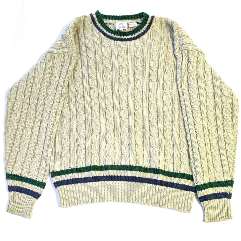 Together Men Vintage Cable Knit Sweater Cream Green Blue Stripe 90s Prep Large